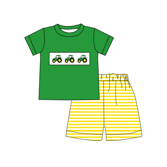 presale BSSO0904 Farm tractor green short sleeve yellow striped shorts suit