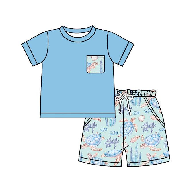 presale BSSO0905 Turtle Seaweed Shell Pocket Blue Short Sleeve Shorts Set