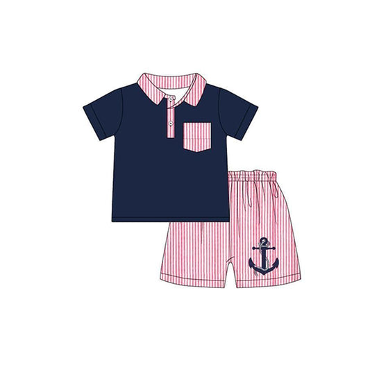 presale BSSO0906 Red striped pocket navy blue short-sleeved anchor shorts suit