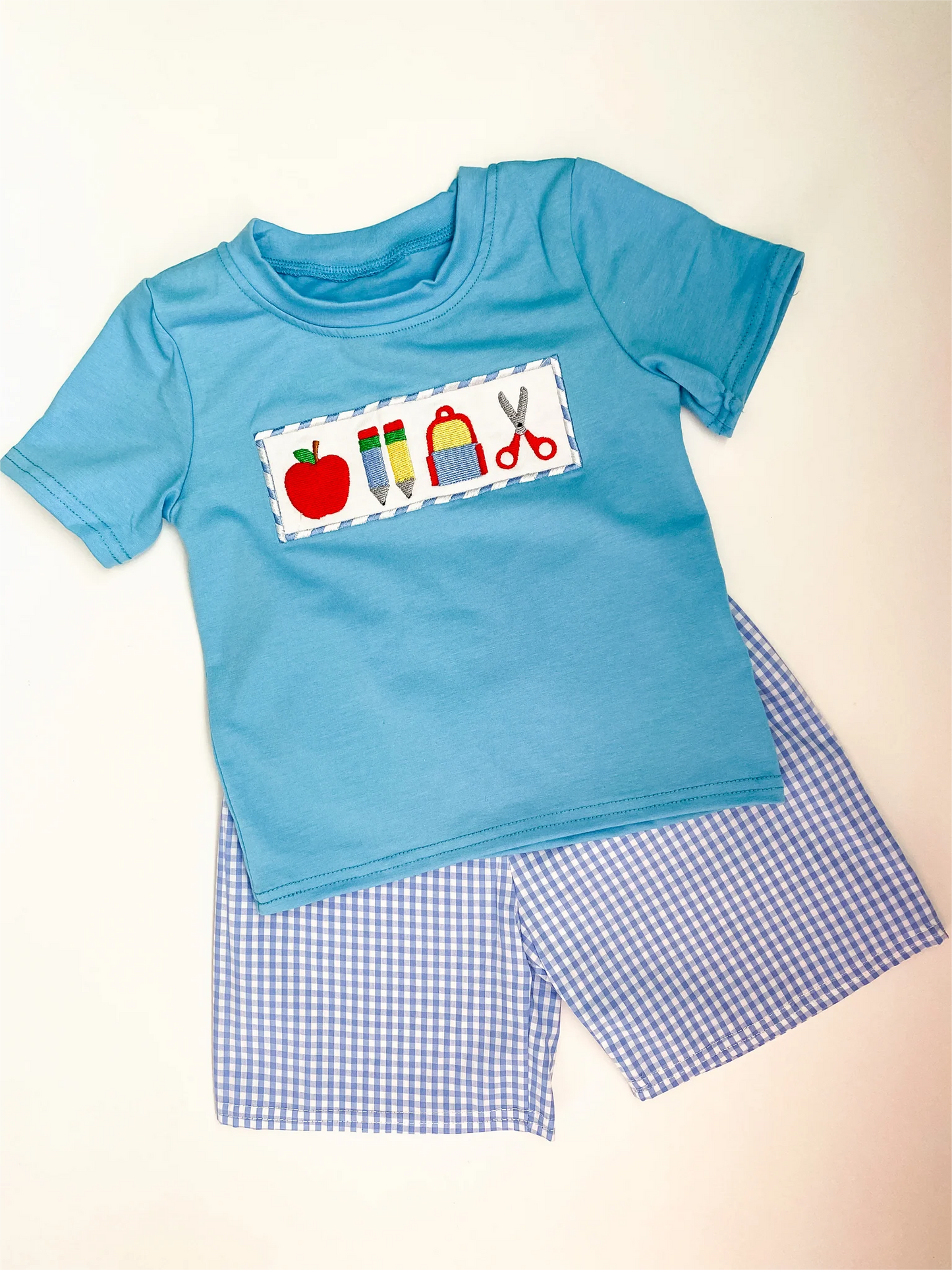 presale BSSO0908 Apple Pencil School Bag Scissors Blue Short Sleeve Plaid Shorts Set