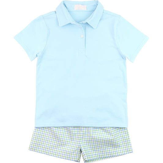 presale BSSO0909 Solid blue short-sleeved plaid shorts suit