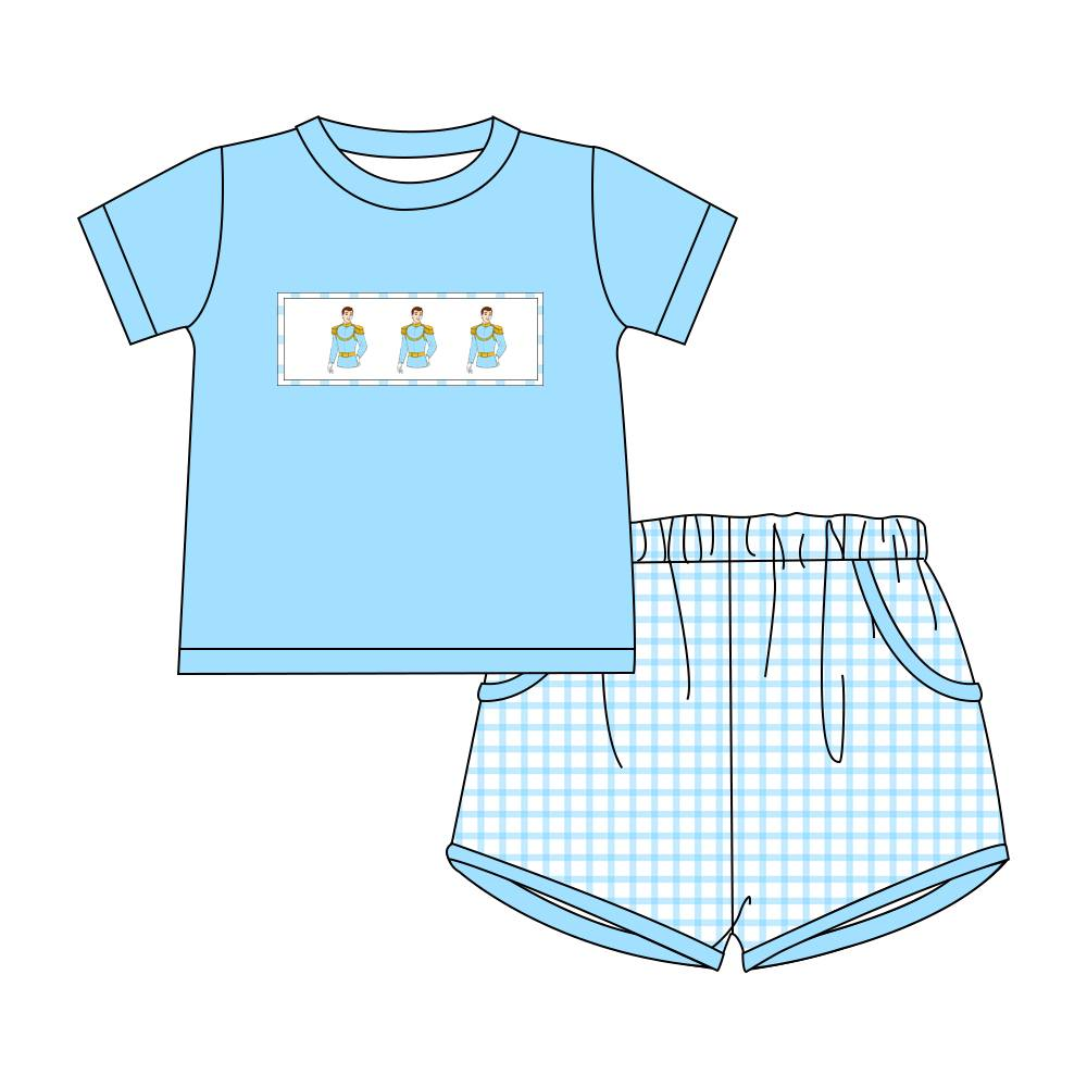 presale BSSO0914 Cartoon Superman Blue Short Sleeve Plaid Shorts Suit