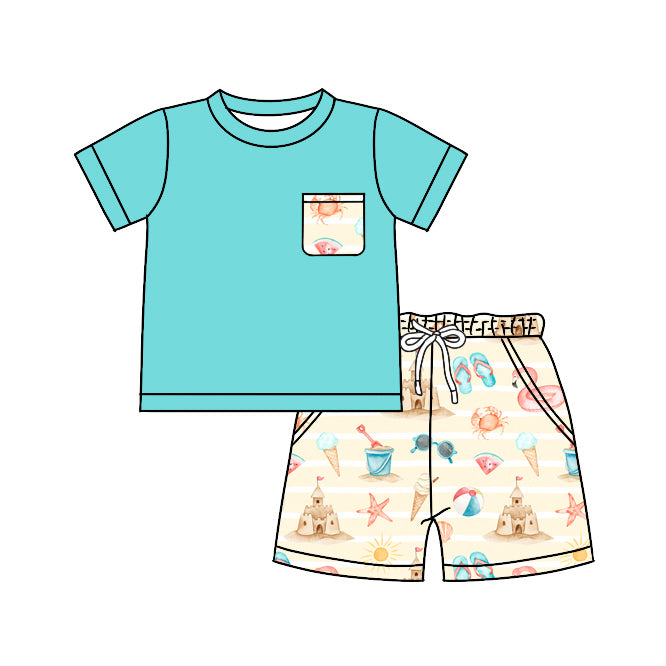 presale BSSO0917 Ice Cream Watermelon Crab Beach Castle Pocket Teal Short Sleeve Shorts Suit