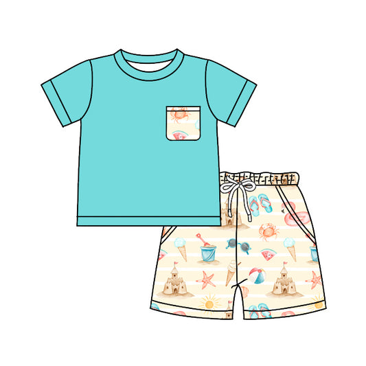 presale BSSO0917 Ice Cream Watermelon Crab Beach Castle Pocket Teal Short Sleeve Shorts Suit