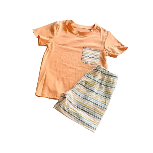 presale BSSO0918 Striped Pocket Orange Short Sleeve Shorts Suit