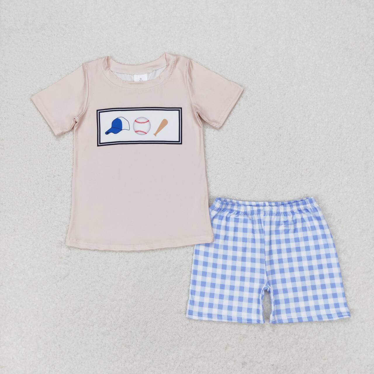 BSSO0919 Baseball Beige Short Sleeve Plaid Shorts Suit