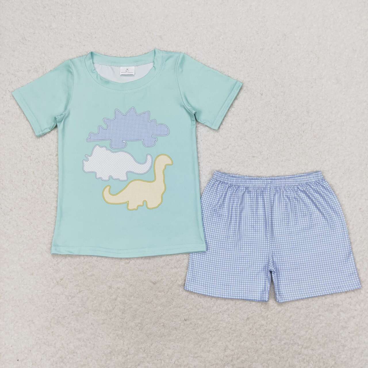 BSSO0920 Dinosaur teal short-sleeved plaid shorts suit