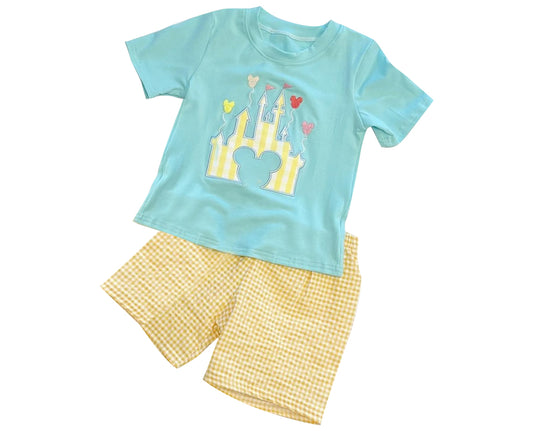 presale BSSO0921 Balloon Castle Blue Short Sleeve Yellow Plaid Shorts Suit