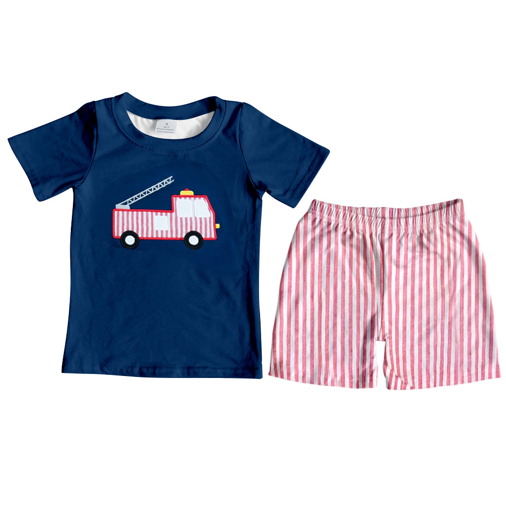 presale BSSO0929 Fire truck navy blue short-sleeved striped shorts suit