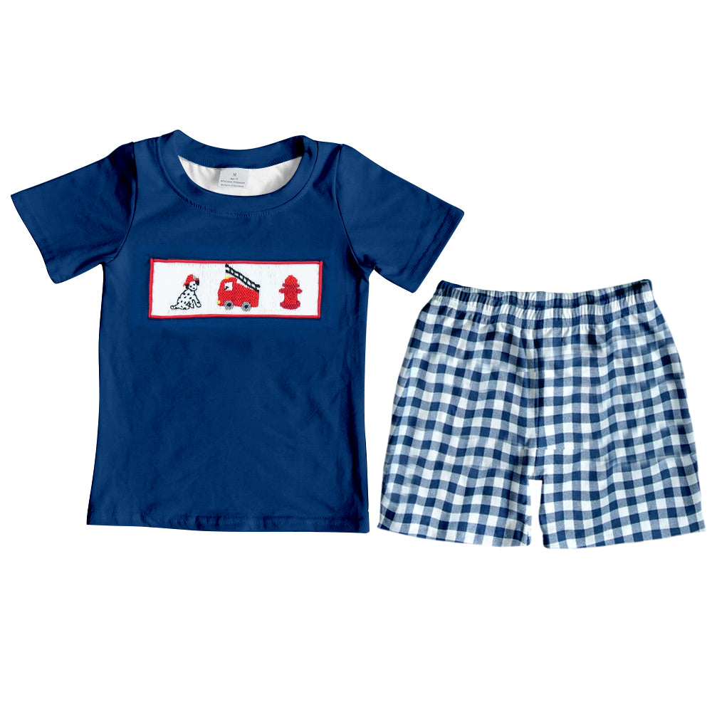 presale BSSO0930 Puppy fire truck navy blue short sleeve plaid shorts suit