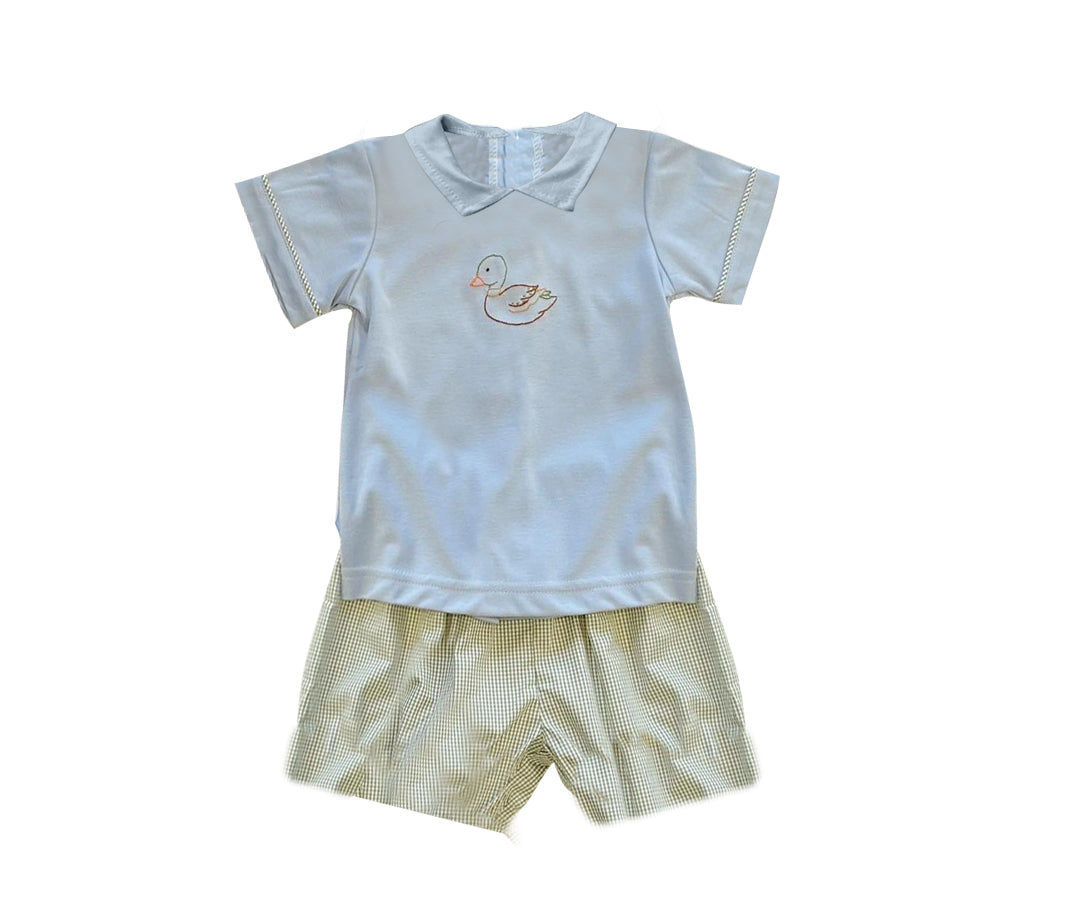 presale BSSO0931 Duck doll collar blue short-sleeved green plaid shorts suit