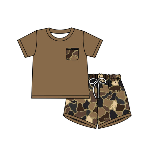 presale BSSO0933 Camo Pocket Brown Short Sleeve Shorts Set