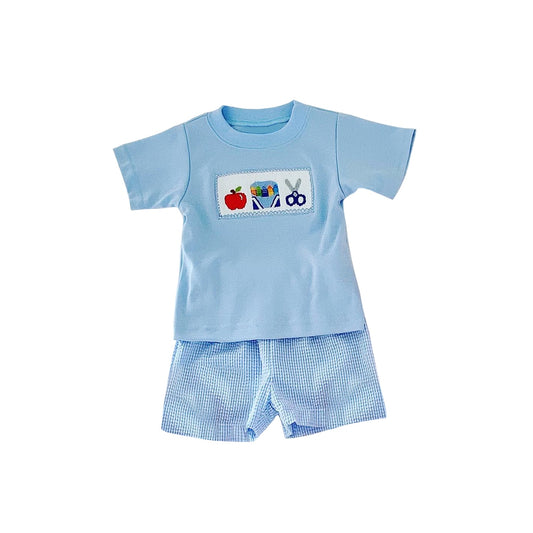 presale BSSO0934 Apple Crayon Scissors Blue Short Sleeve Plaid Shorts Set