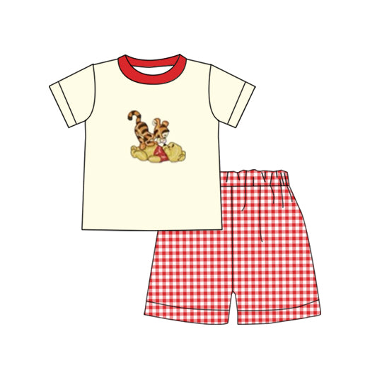 BSSO0939 Beige short-sleeved red plaid shorts suit