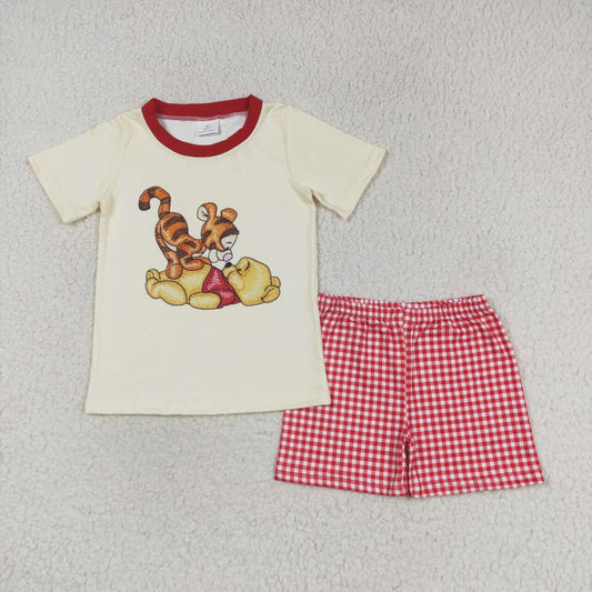 BSSO0939 Beige short-sleeved red plaid shorts suit