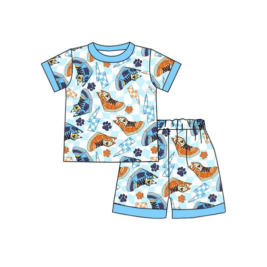 presale BSSO0944 Shoes Lightning Plaid Blue Short Sleeve Shorts Pajama Set