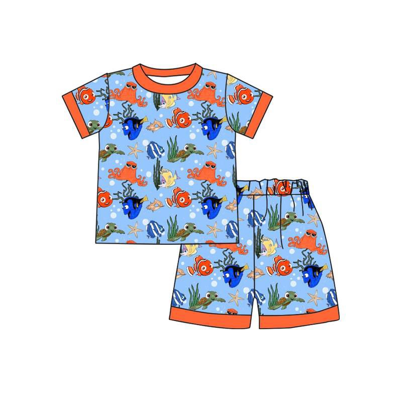 presale BSSO0945 Cartoon fish blue and orange short-sleeved shorts pajama set