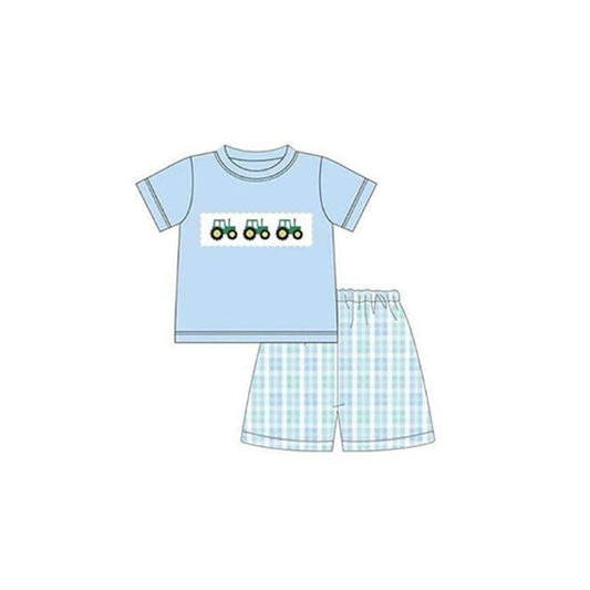 presale BSSO0946 Farm tractor blue short-sleeved plaid shorts suit