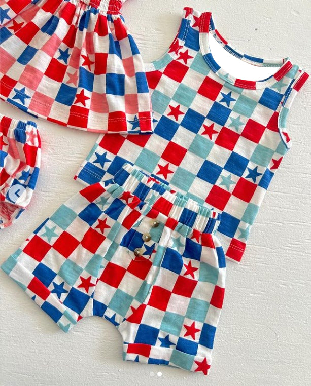 presale BSSO0949 Star red and blue plaid sleeveless shorts suit