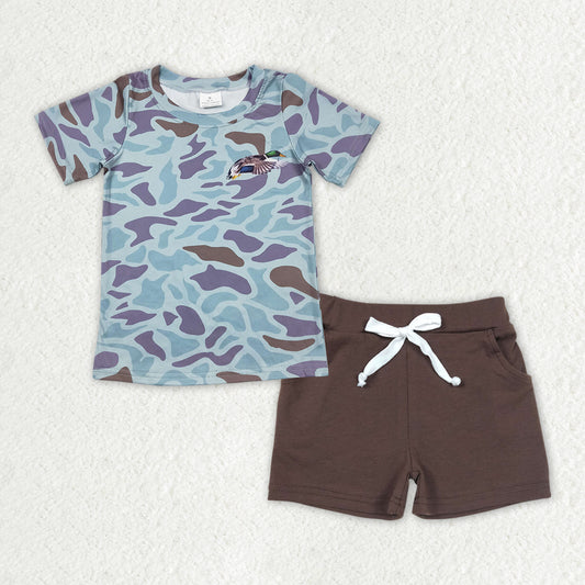 BT0598 +SS0134 Duck Camouflage Gray Green Short Sleeve Brown Pocket Shorts Set