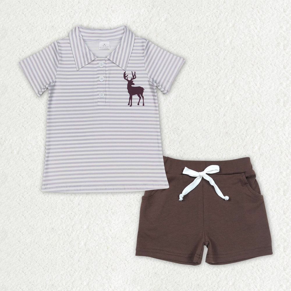 BT0337 +SS0134 Elk Stripe Short Sleeve Brown Pocket Shorts Set