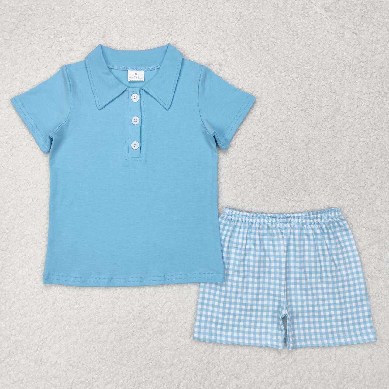 BSSO0954 Solid sky blue short-sleeved plaid shorts suit