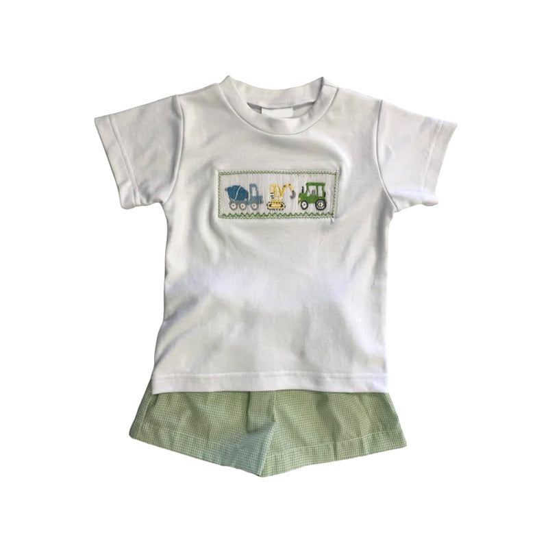 presale BSSO0955 Engineering vehicle tractor white short-sleeved green plaid shorts suit