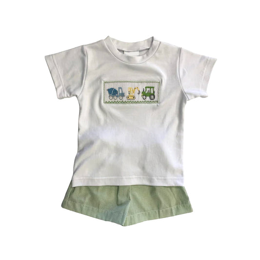 presale BSSO0955 Engineering vehicle tractor white short-sleeved green plaid shorts suit