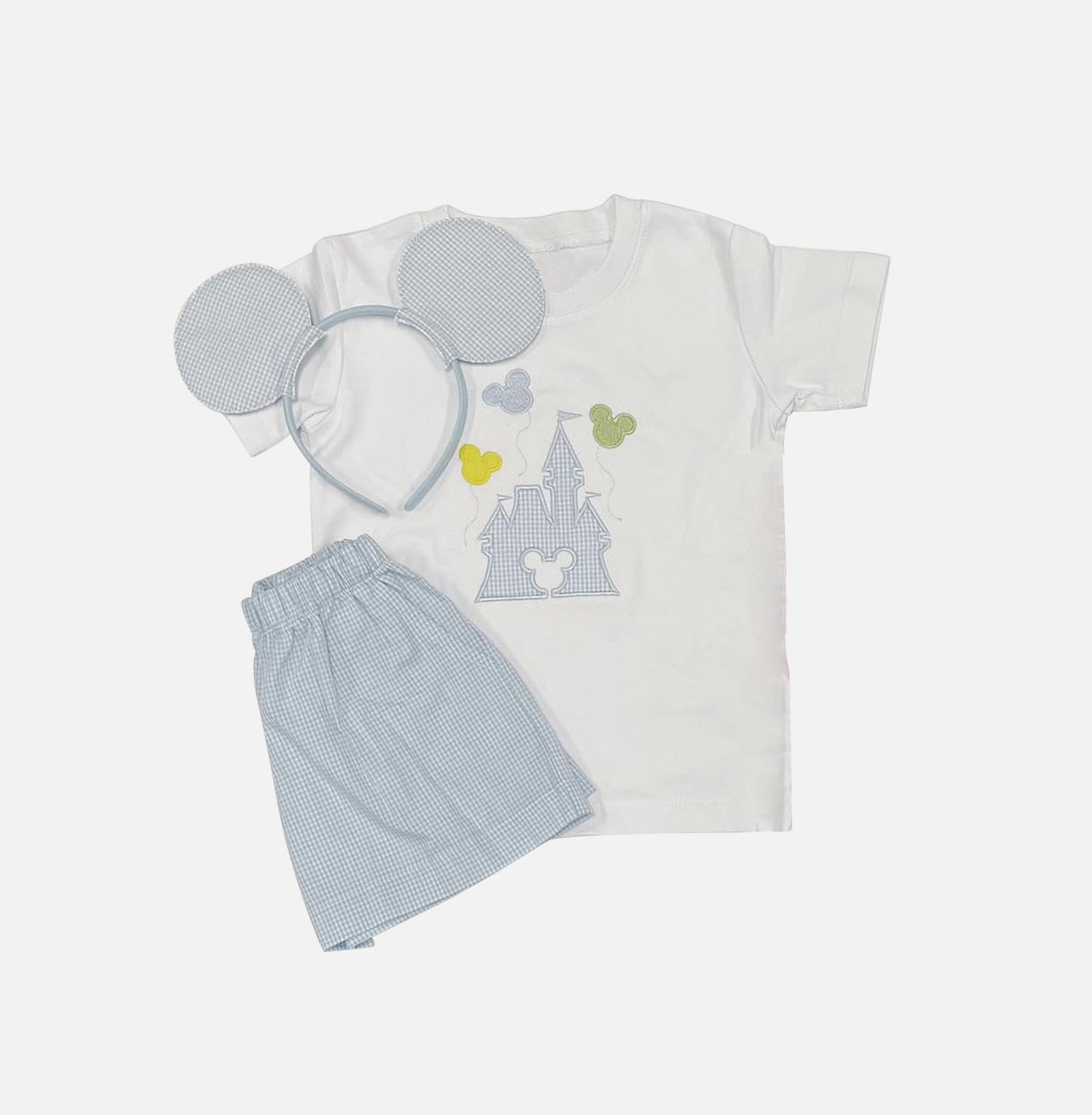 presale BSSO0956 Balloon Castle White Short Sleeve Blue Plaid Shorts Suit