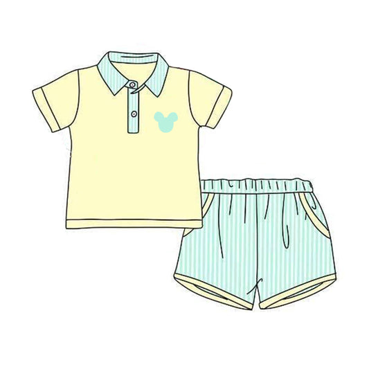 presale BSSO0961 Yellow short-sleeved green striped shorts suit