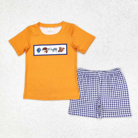 BSSO0964 Cartoon fish orange short-sleeved plaid shorts suit