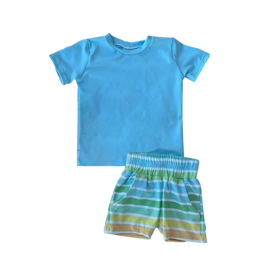 presale BSSO0967 Pure blue short-sleeved colorful striped shorts suit