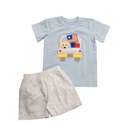 presale BSSO0971 National Day Flag Puppy Truck Blue Short Sleeve Striped Shorts Suit