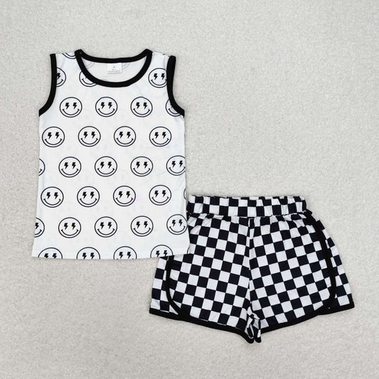 BSSO0972 Lightning sleeveless black and white plaid shorts suit
