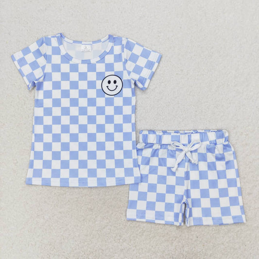 BSSO0974 Face blue and white plaid short sleeve shorts suit