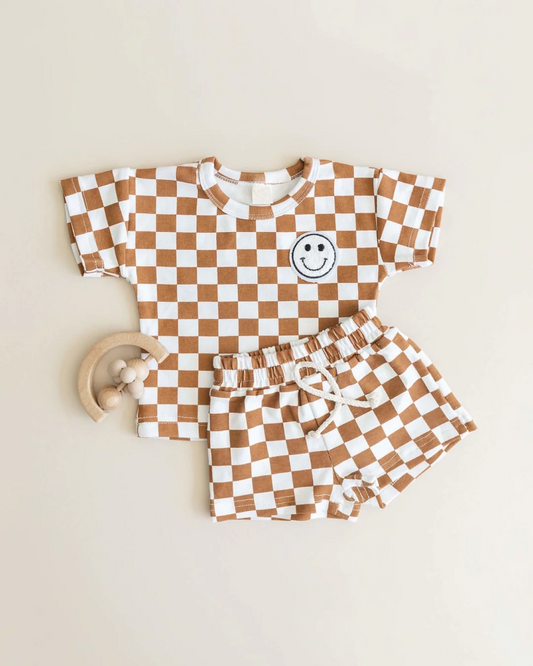 presale BSSO0976 Face yellow and brown plaid short-sleeved shorts suit