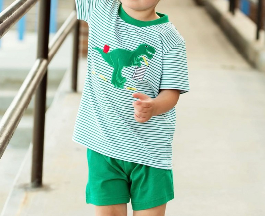 presale BSSO0977 Dinosaur Apple Book Striped Short Sleeve Shorts Set