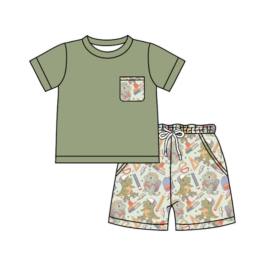 presale BSSO0981 Schoolbag Scissors Pencil Dinosaur Pocket Green Short Sleeve Shorts Set