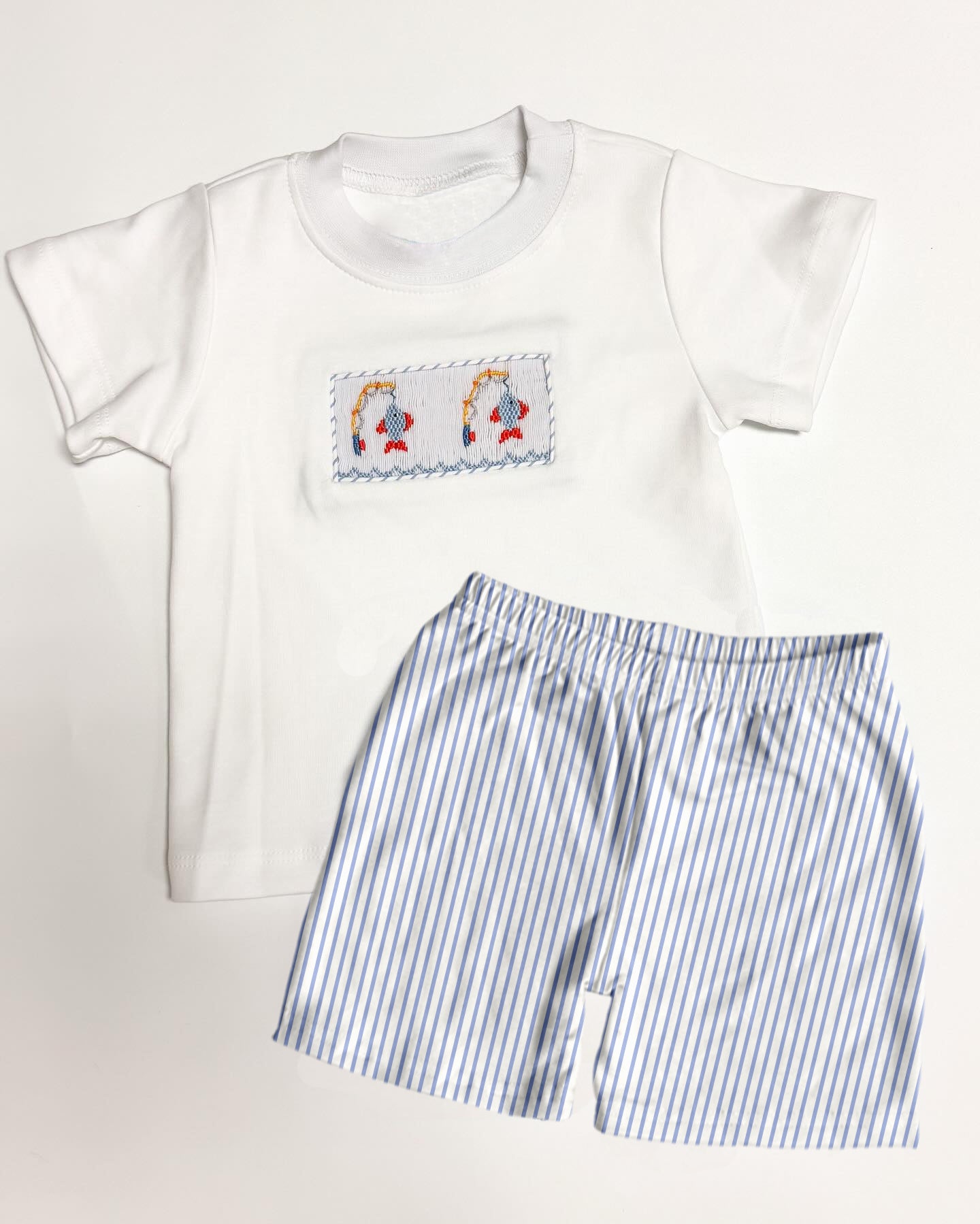 presale BSSO0982 Fishing white short-sleeved blue striped shorts suit