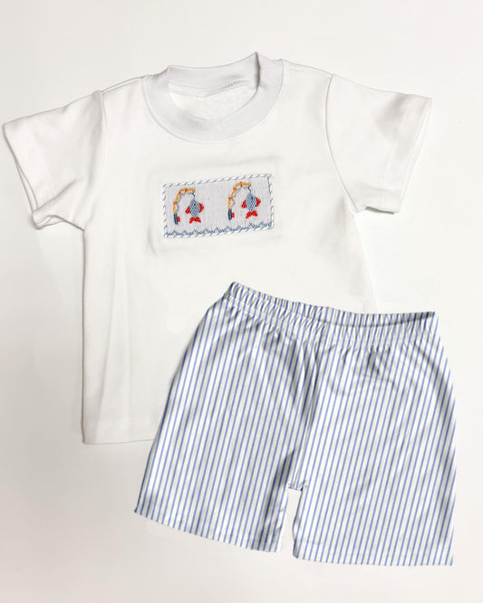 presale BSSO0982 Fishing white short-sleeved blue striped shorts suit