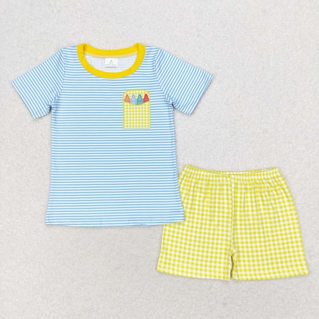 BSSO0983 Color crayon blue striped short sleeve yellow plaid shorts suit