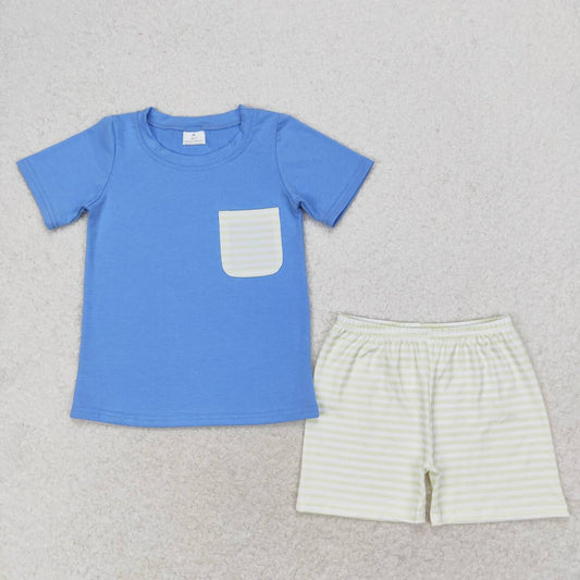 BSSO0985 Striped Pocket Haze Blue Short Sleeve Shorts Set