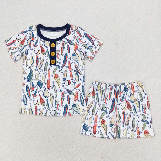 BSSO0987 Fishing navy blue hem short-sleeved shorts pajama set