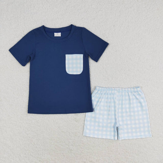 BSSO0992 Blue plaid pocket dark short-sleeved shorts suit