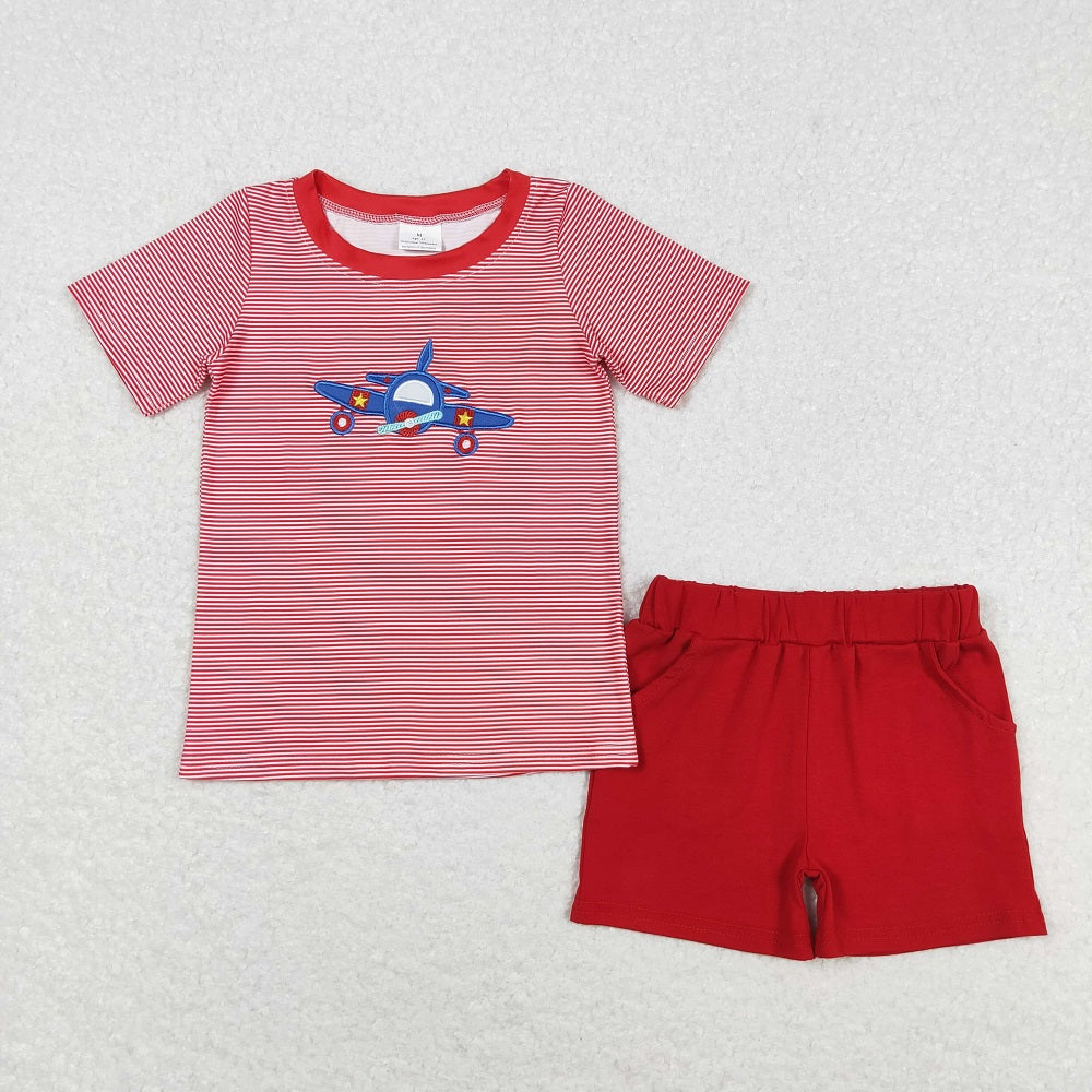 BSSO0995 Embroidered airplane red striped short-sleeved suit