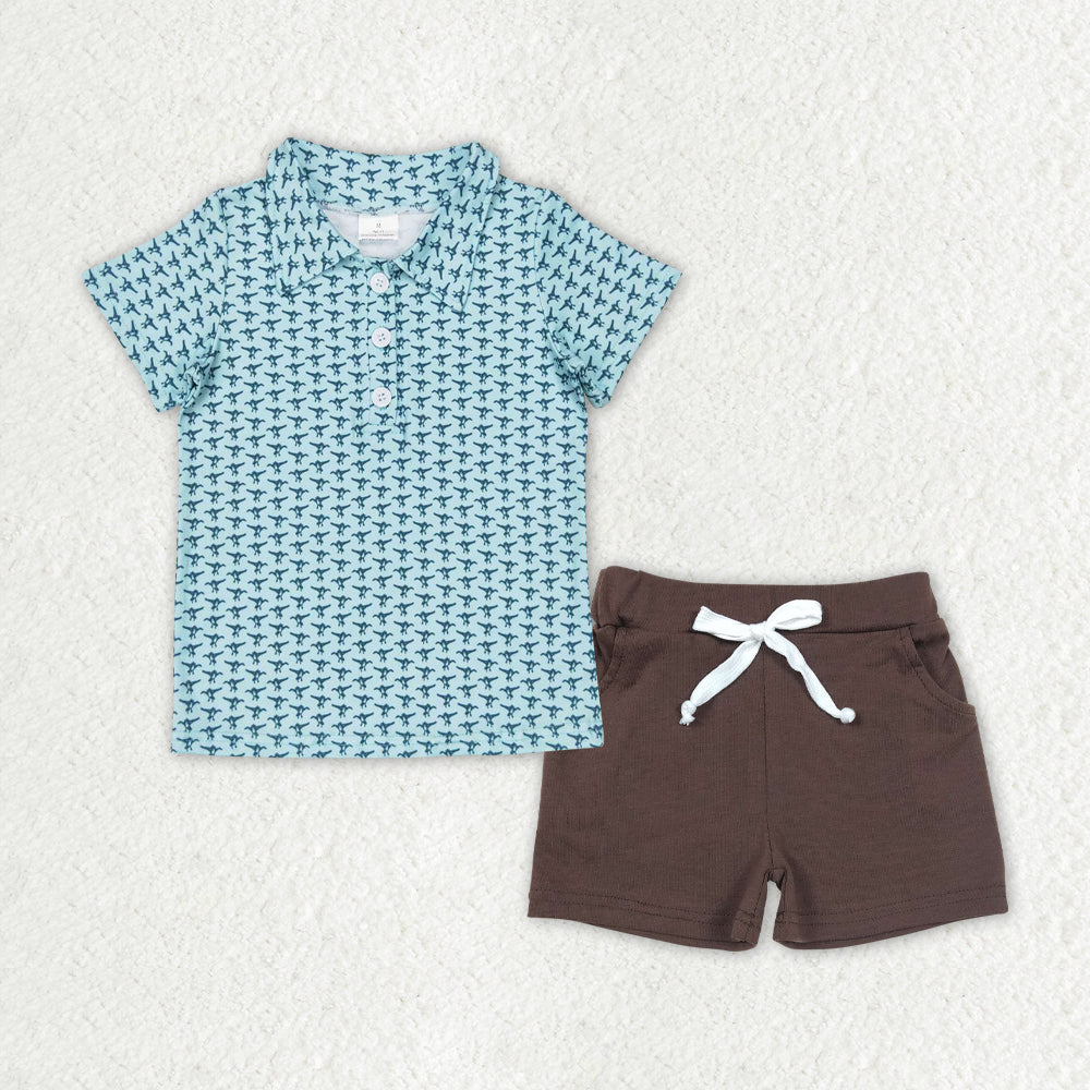 BSSO0997 Teal Button Short Sleeve Brown Pocket Shorts Set