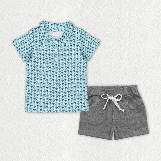 BSSO0998 Teal Button Short Sleeve Light Grey Pocket Shorts Set