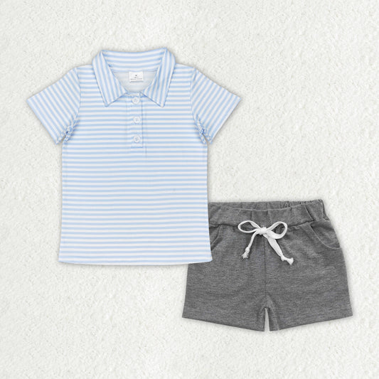 BSSO0999 Light blue striped short sleeve grey pocket shorts set