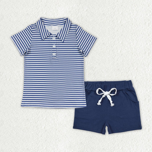 BSSO1000 Navy blue striped short sleeve pocket shorts suit