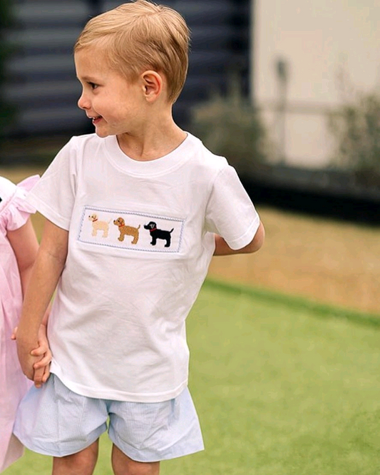 presale BSSO1007 Puppy White Short Sleeve Blue Plaid Shorts Suit 2024 10.16